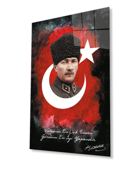 Vatanını En Çok Seven Görevini En İyi Yapandır Atatürk Türk Bayrağı Cam Tablo, Ev Ofis Duvar Dekoru ürün görseli