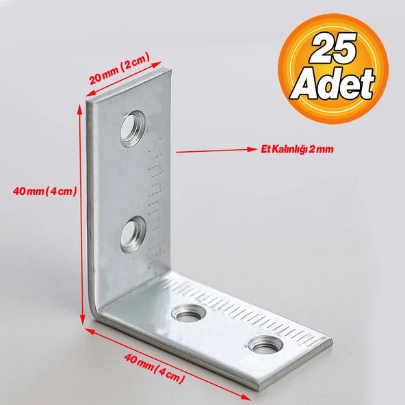 Metal L Demiri 20x40x40 mm (25 ADET)  Raf Köşe Sabitleme Aparatı Mobilya Bağlantı Destek Seti - Resim 2
