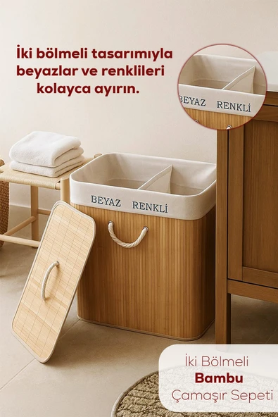 Porsima Pbt-440 Çift Bölmeli Kapaklı Kirli Çamaşır Sepeti Dikdörtgen - İki Bölmeli Bambu Kirli Çamaşır Sepeti Bambu ürün görseli 1