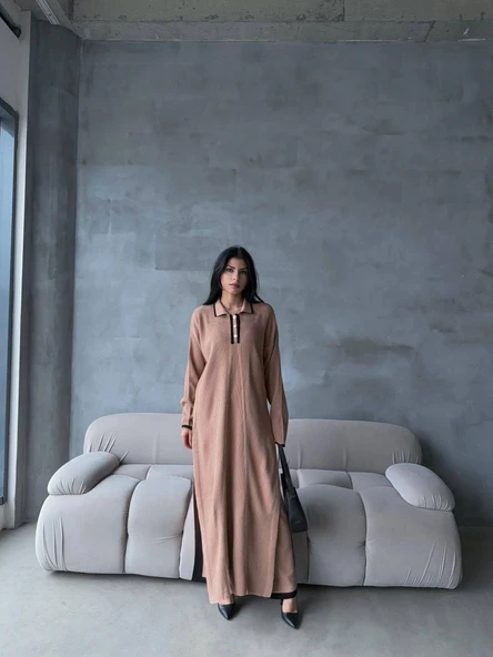 Pantolon yırtmaçlı elbise ikili triko takım vizon elf ürün görseli