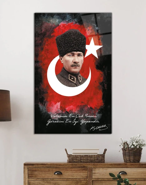 Vatanını En Çok Seven Görevini En İyi Yapandır Atatürk Türk Bayrağı Cam Tablo, Ev Ofis Duvar Dekoru - Resim 2