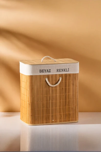 Porsima Pbt-440 Çift Bölmeli Kapaklı Kirli Çamaşır Sepeti Dikdörtgen - İki Bölmeli Bambu Kirli Çamaşır Sepeti Bambu - Resim 4