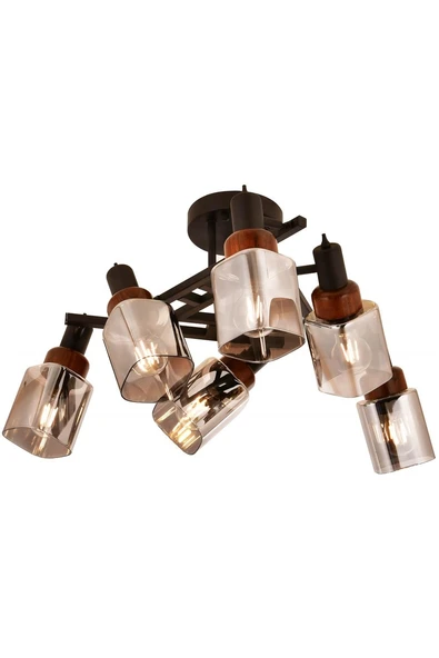 AVONNI AR-60415-6BSY Siyah Boya Modern Avize E27 Metal Ahşap Cam 60cm ürün görseli 1