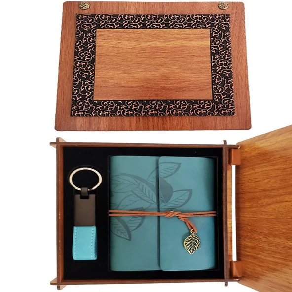 Ahşap Kutulu Mavi Deri Defter ve Anahtarlık Set ürün görseli 1