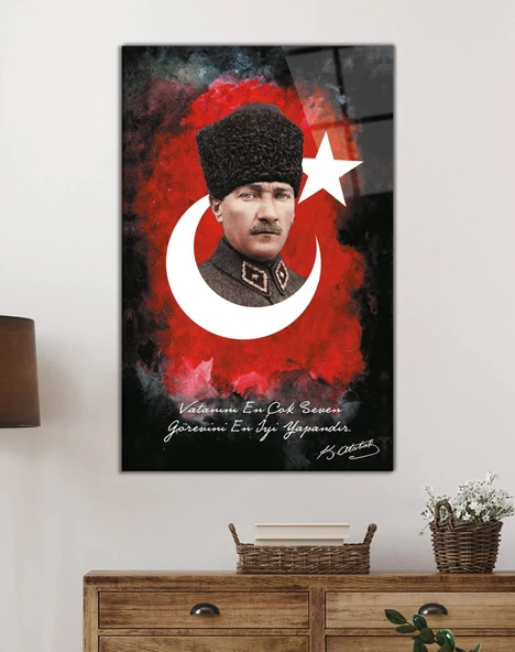 Vatanını En Çok Seven Görevini En İyi Yapandır Atatürk Türk Bayrağı Cam Tablo, Ev Ofis Duvar Dekoru - Resim 9