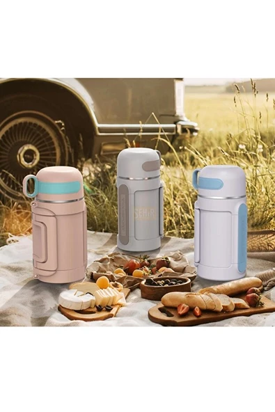 Vagonlife Tkk T2011 1000ml Askılı Bardaklı Beyaz Çelik Matara - Resim 2