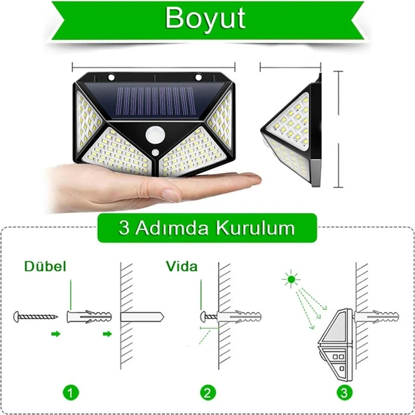 Dailylink Hareket Sensörlü Solar 100 LED Güneş Enerjili Duvar Lambası - Resim 3