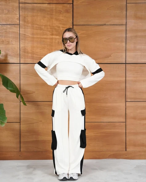 Cemo Kontrast Bloklu Bol Paça Eşofman Takımı Seti - Resim 7