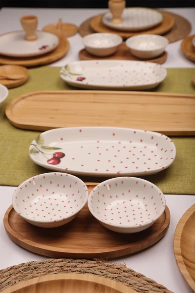 Atbyhome Viva 6 Kişilik 48 Parça Doğal Bambu Porselen Kahvaltı Takımı – Kahvaltı Seti Sunum Seti - Resim 7