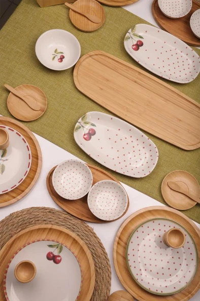 Atbyhome Viva 6 Kişilik 48 Parça Doğal Bambu Porselen Kahvaltı Takımı – Kahvaltı Seti Sunum Seti - Resim 2