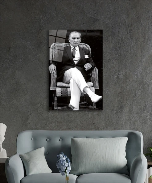 Atatürk Portresi Cam Tablo, Ev ve Ofis Duvar Dekoru, Hediyelik Büyük Temperli 4 mm Cam Tablo - Resim 3