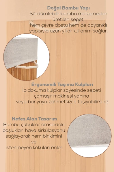 Porsima Pbt-440 Çift Bölmeli Kapaklı Kirli Çamaşır Sepeti Dikdörtgen - İki Bölmeli Bambu Kirli Çamaşır Sepeti Bambu - Resim 3