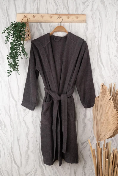 Unisex Premium Koleksiyon Pamuklu Kapüşonlu Bornoz - Resim 4