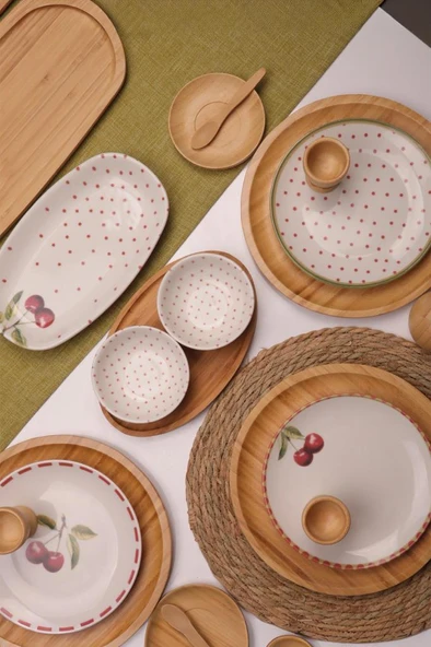Atbyhome Viva 6 Kişilik 48 Parça Doğal Bambu Porselen Kahvaltı Takımı – Kahvaltı Seti Sunum Seti - Resim 3