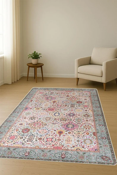 Vintage Desen Dijital Baskı Kaymaz Taban Halı H1058 Renkli 180 X 280 - Resim 2