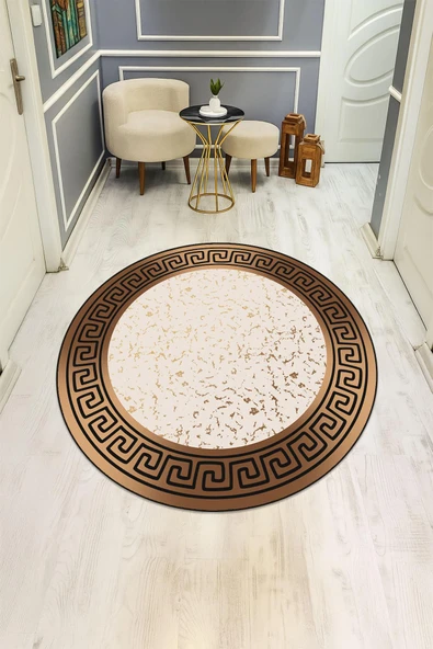 Yuvarlak Dijital Baskı Çerçeveli Modern Desenli Kaymaz Tabanlı Halı H0308 Renkli 100 X 100 ürün görseli 1