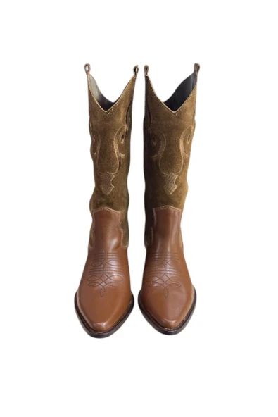 Taba Hakiki Deri ve Süet İşleme Detaylı Western Çizme - Resim 2