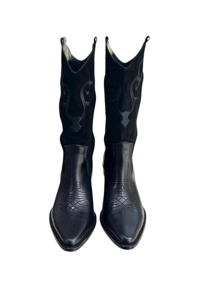 Siyah Hakiki Deri ve Süet İşleme Detaylı Western Çizme - Resim 2