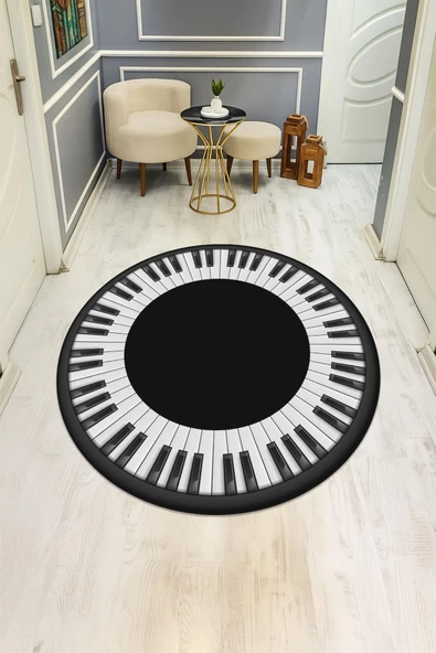 Piano Desenli Yuvarlak Dijital Baskı Kaymaz Tabanlı Halı H0333 Renkli 200 X 200 - Resim 2