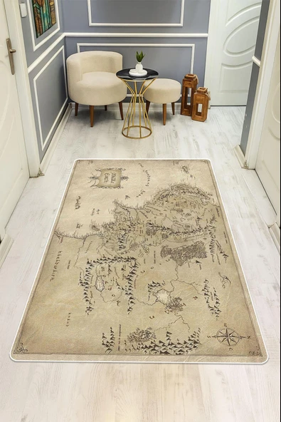 Harita Desenli Dijital Baskı Kaymaz Taban Halı H0696 Renkli 120 X 180 ürün görseli 1