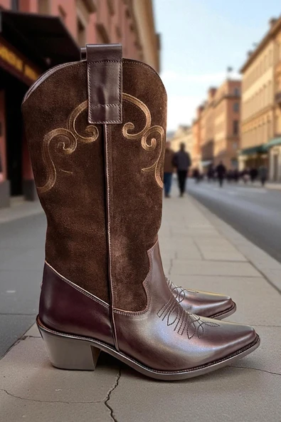 Kahve Hakiki Deri ve Süet İşleme Detaylı Western Çizme ürün görseli 1