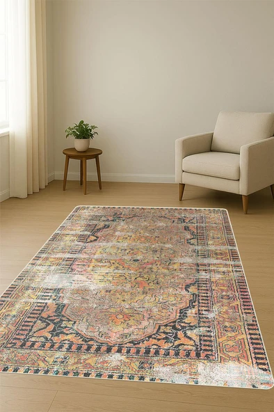 Eskitme Desenli Dijital Baskı Kaymaz Taban Halı H1079 Renkli 80 X 300 - Resim 2