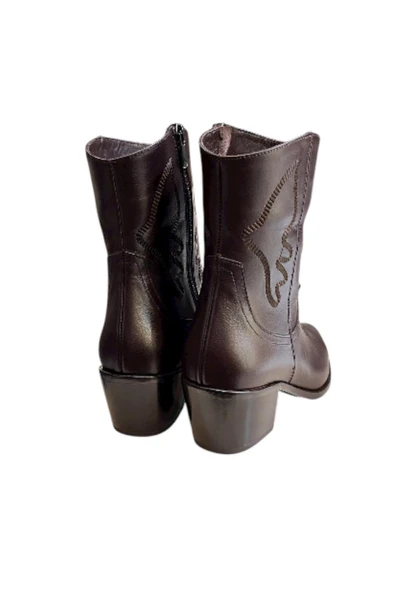 Kahve Hakiki Deri İşleme Detaylı Western Bot - Resim 3