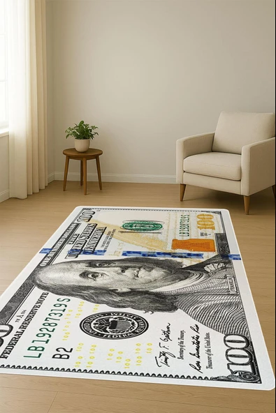 Modern Dolar Desen Dijital Baskı Kaymaz Taban Halı H0167 Renkli 80 X 150 - Resim 2