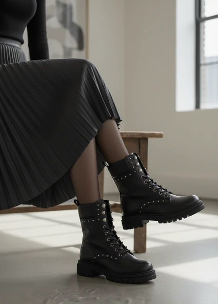 Kadın Siyah Vegan Deri Bot  Trok Detaylı  Şık Tasarım ve Modern Çizgi ürün görseli 1