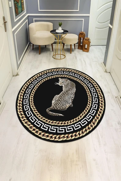 Leopar Modern Desenli Yuvarlak Dijital Baskı Kaymaz Tabanlı Halı H0334 Renkli 80 X 80 ürün görseli 1