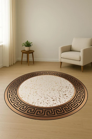 Yuvarlak Dijital Baskı Çerçeveli Modern Desenli Kaymaz Tabanlı Halı H0308 Renkli 100 X 100 - Resim 2