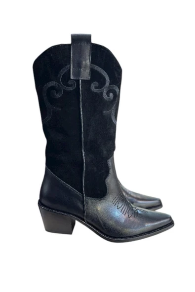 Siyah Hakiki Deri ve Süet İşleme Detaylı Western Çizme ürün görseli 1