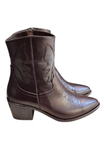 Kahve Hakiki Deri İşleme Detaylı Western Bot ürün görseli 1