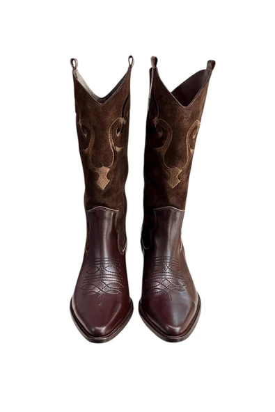 Kahve Hakiki Deri ve Süet İşleme Detaylı Western Çizme - Resim 2