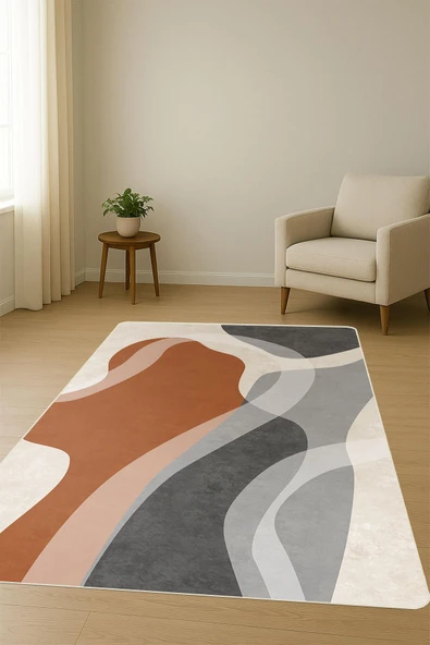 Parlak Kadife Kumaş Dijital Baskı Modern Desenli Dot Kaymaz Tabanlı Halı H1071 RENKLİ 120 X 180 - Resim 2