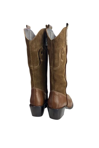 Taba Hakiki Deri ve Süet İşleme Detaylı Western Çizme - Resim 3