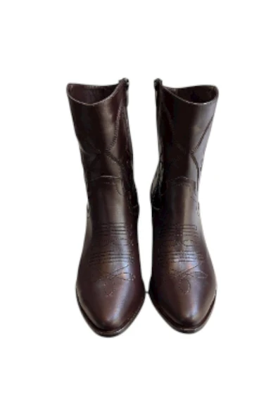 Kahve Hakiki Deri İşleme Detaylı Western Bot - Resim 2