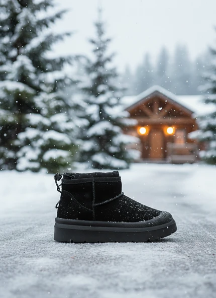 Kadın Siyah Süet Yumuşak Deri, Kürklü Kışlık Bağcıklı Bot - Resim 2