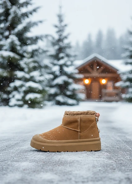 Kadın Taba Süet Yumuşak Deri  Kürklü Kışlık Bağcıklı Bot - Resim 2