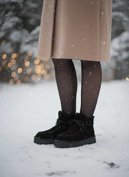 Kadın Siyah  Süet Yumuşak Deri  Kürklü Kışlık Bağcıklı Bot ürün görseli 1