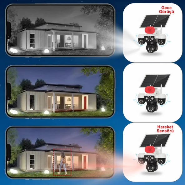 Apronx 9MP Solar PTZ Kamera | 3 Lens Üçlü Görüş Wi-Fi Kamera | Şarjlı & Akıllı Güvenlik Sistemi - Resim 2