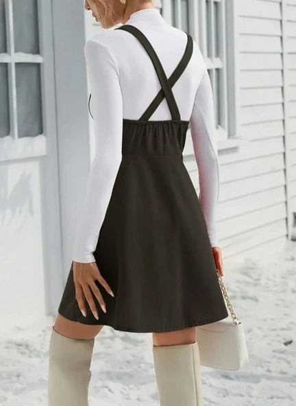 MDB Kadın Askılı Düğmeli Mini Süet Elbise - Resim 2