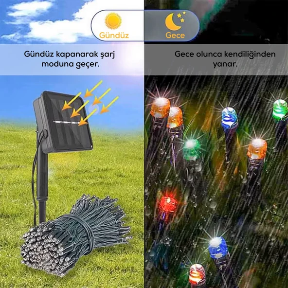 UpWay Güneş Enerjili 10m RGB 100 LED Dizin – Bahçe Balkon Teras Dekoratif Aydınlatma - Resim 4