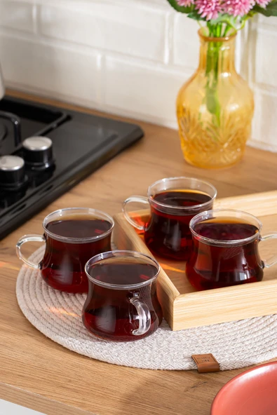 Porsima Pbt-706 Borosilikat Isıya Ateşe Dayanıklı Cam Kulplu 4lü Çay Bardağı Kahve Bardak Seti Kupa Şeffaf 250ml - Resim 2