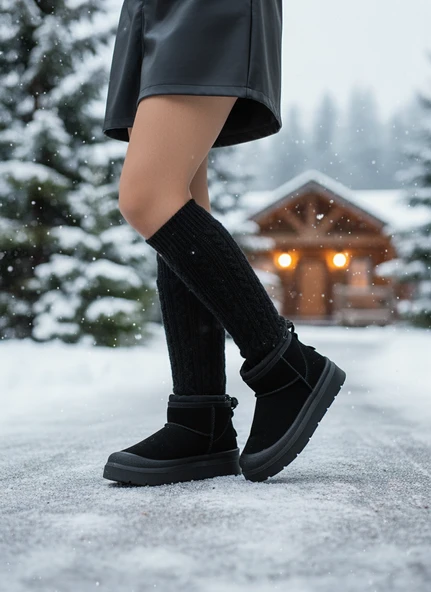 Kadın Siyah Süet Yumuşak Deri, Kürklü Kışlık Bağcıklı Bot ürün görseli 1