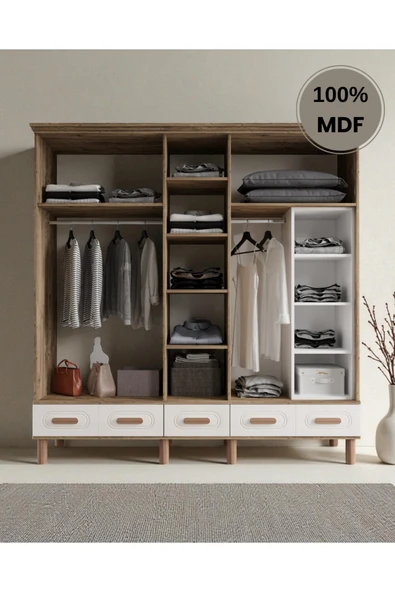 Home Comiet Perry 5 Kapaklı Aynalı Çekmeceli MDF Gardırop - Resim 3