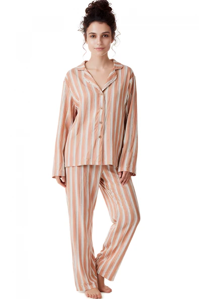 Viskon Çizgili Pijama Takımı | Kadın Uzun Kollu Rahat Pijama - Resim 4