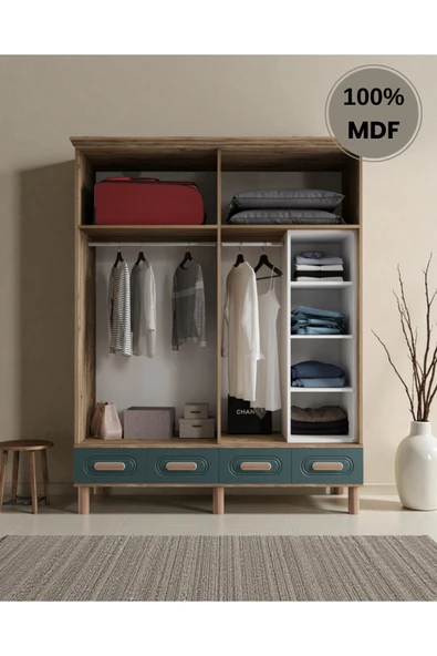 Home Comiet Perry 4 Kapaklı MDF Çekmeceli Haki Gardırop - Resim 3