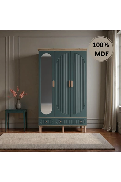 Home Comiet Sally 3 Kapaklı Aynalı MDF Çekmeceli Haki Gardırop - Resim 2