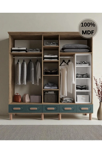 Home Comiet Perry 5 Kapaklı Aynalı Çekmeceli MDF Gardırop - Resim 3